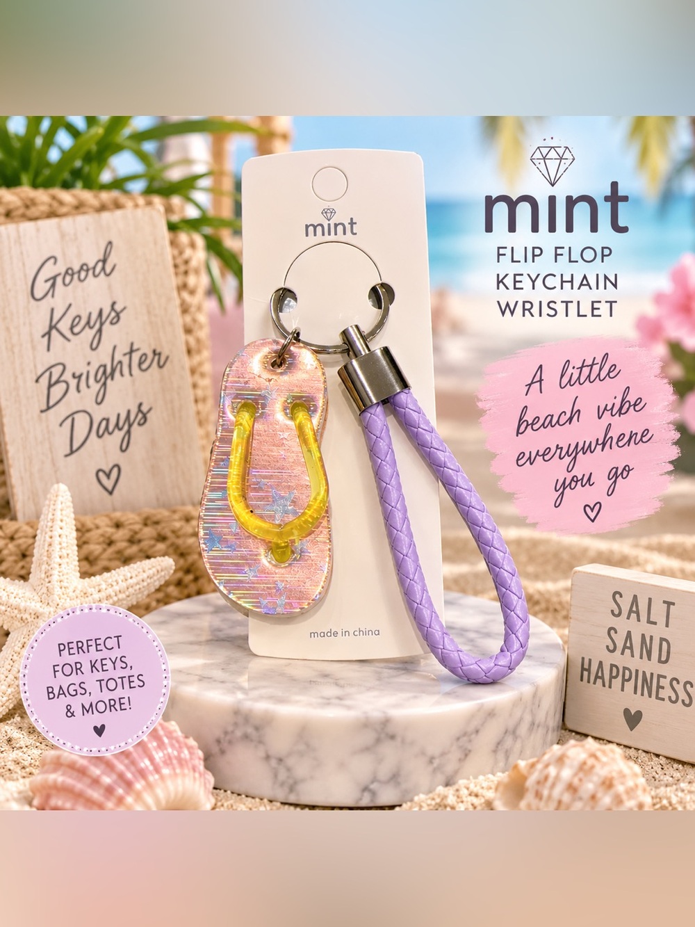 Mint Purple Braided Wristlet & Iridescent Pink Flip Flop Keychain